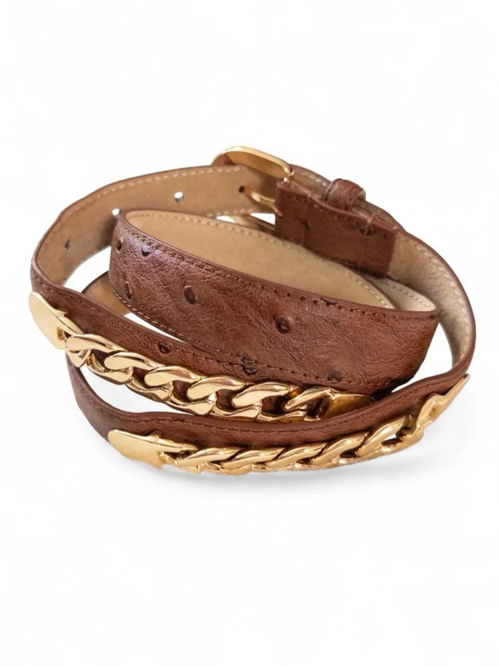 Vintage Y2K Ostrich-Embossed Leather Belt w/ Gold Chain Detail